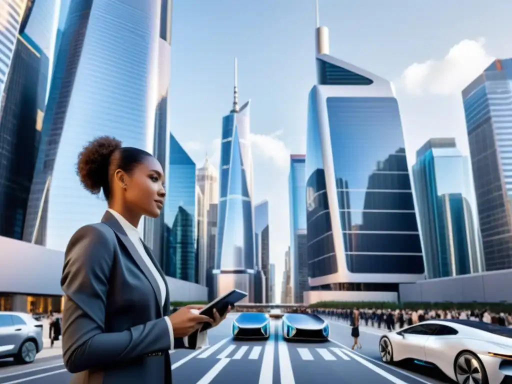 Vista futurista de la ciudad con vehículos automatizados y rascacielos, simbolizando el impacto de la IA en el empleo