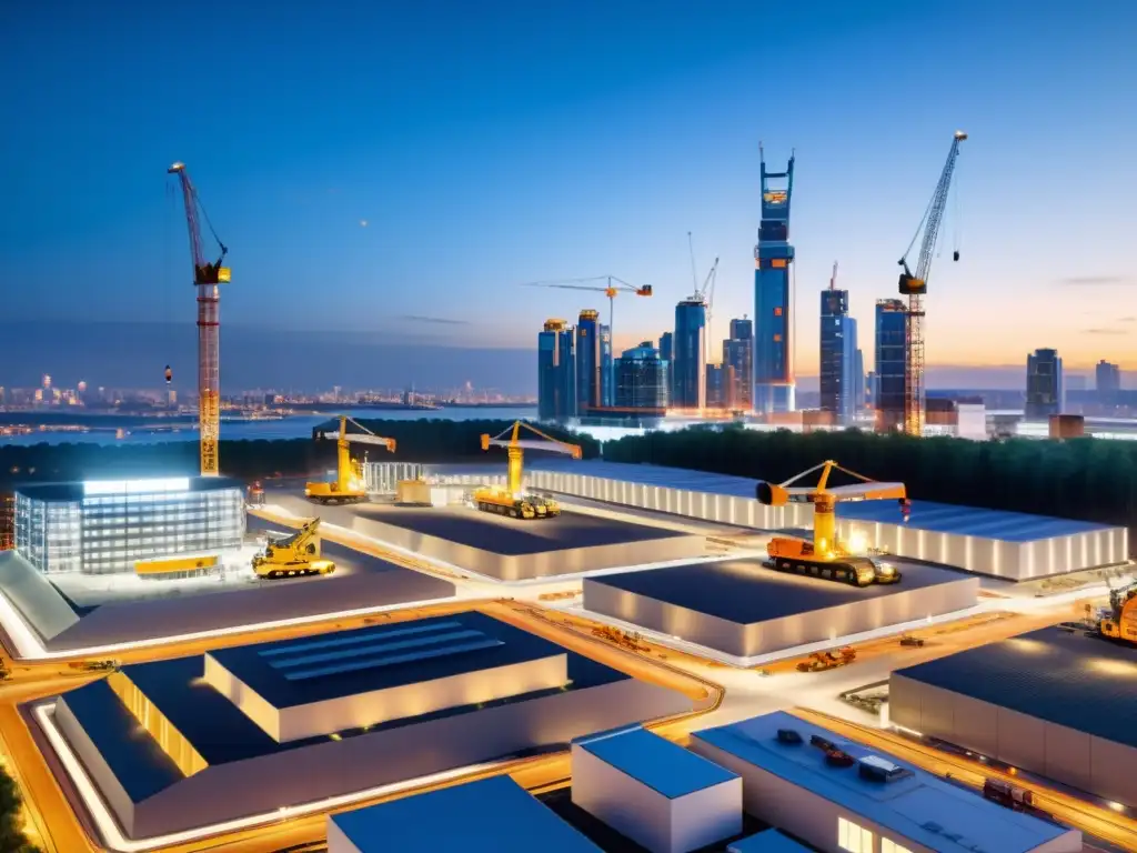 Vista futurista de robótica en construcción de gran escala en una ciudad moderna