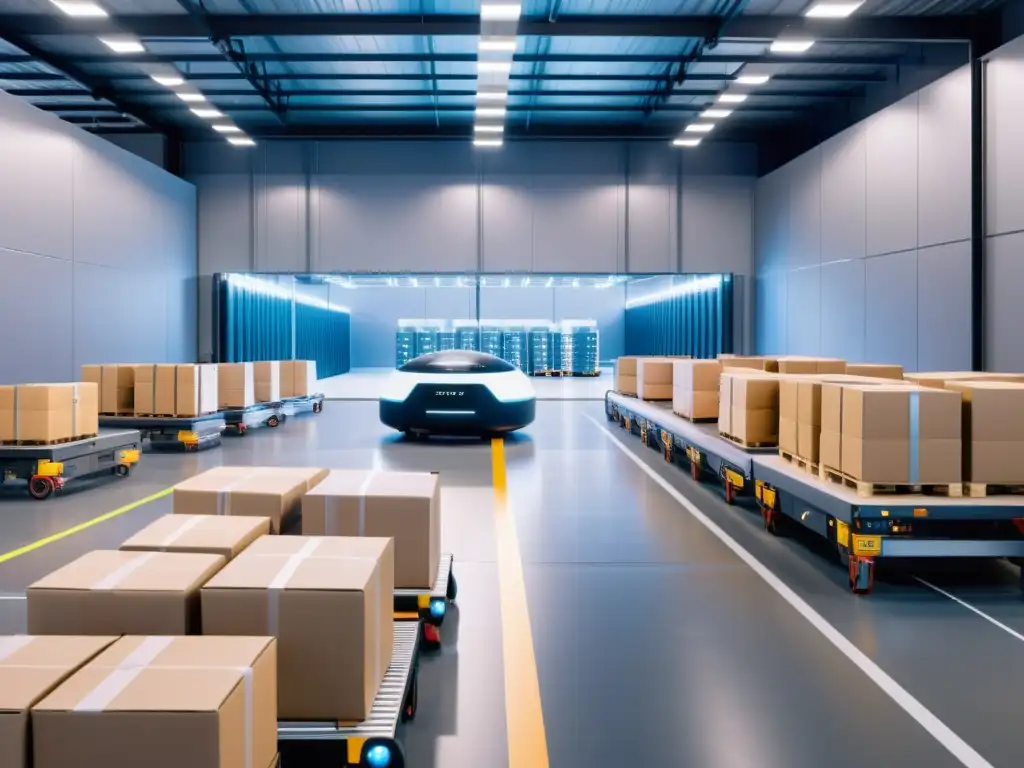 Almacén 5G: Robots y drones revolucionarios en acción Vista futurista de la transformación logística 5G en tiempo real con robots y drones en un almacén de última generación