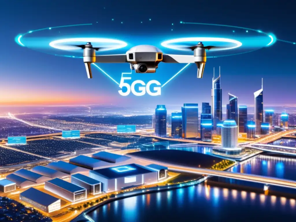 Vista futurista de la seguridad de redes tecnología 5G: ciudad metálica, drones y centro de operaciones