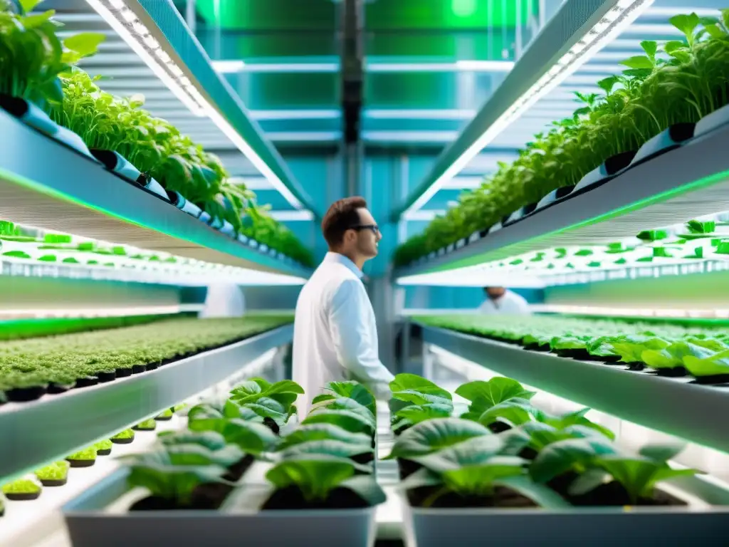 Vista de granja vertical futurista con cultivos verdes y científicos en laboratorio