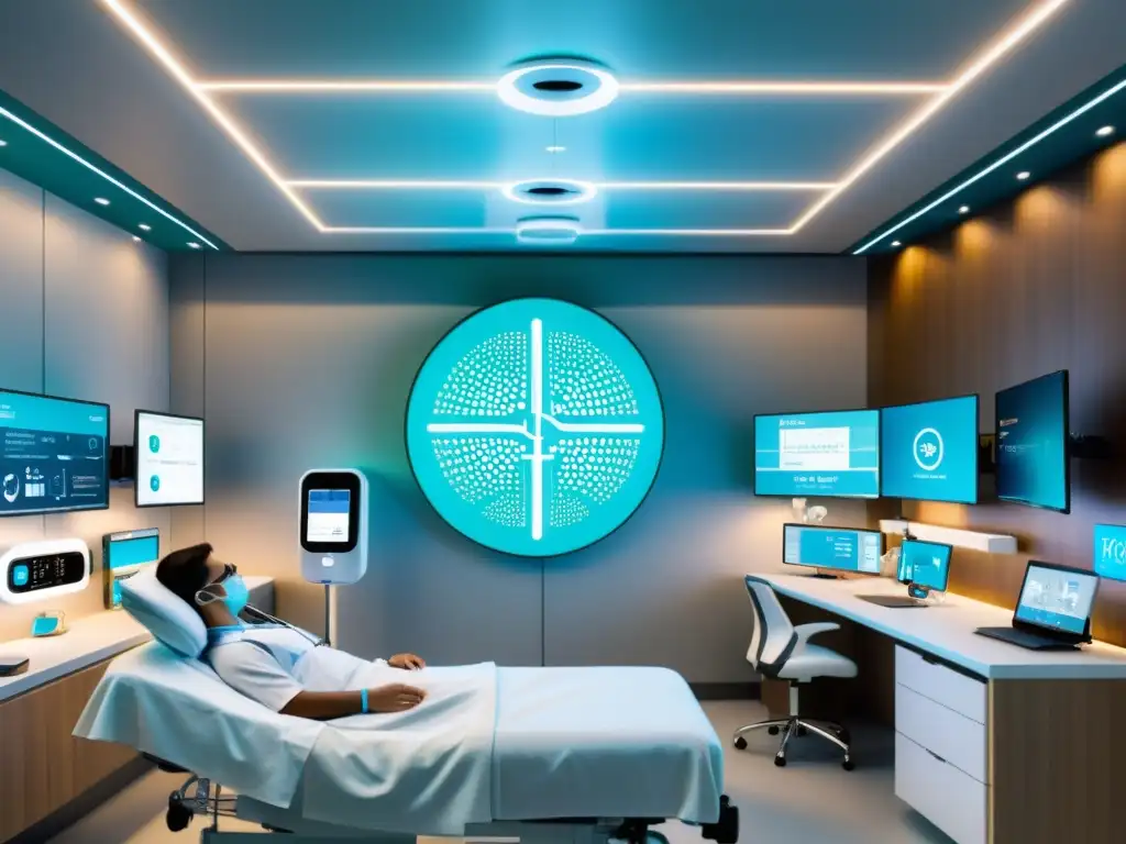 Avanzada sala hospitalaria con IoT en acción Vista de una habitación de hospital moderna con dispositivos IoT en epidemiología de salud, conectados y monitorizando datos en tiempo real