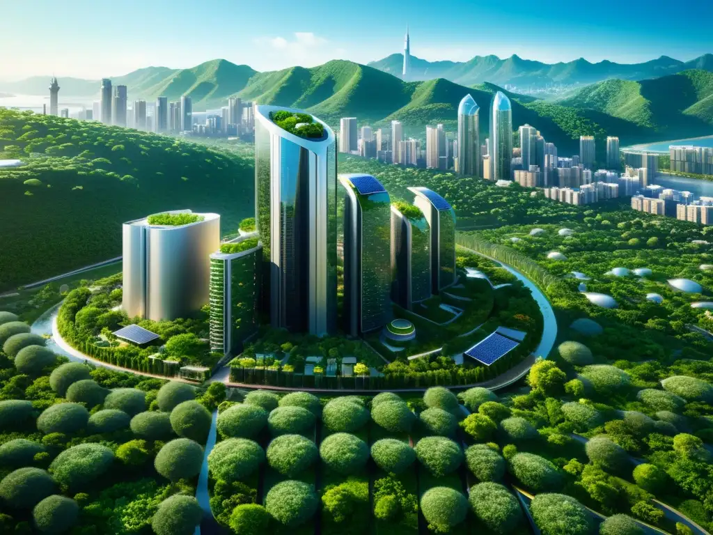 Vista impactante de una ciudad futurista sostenible con rascacielos verdes, energía renovable y naturaleza exuberante