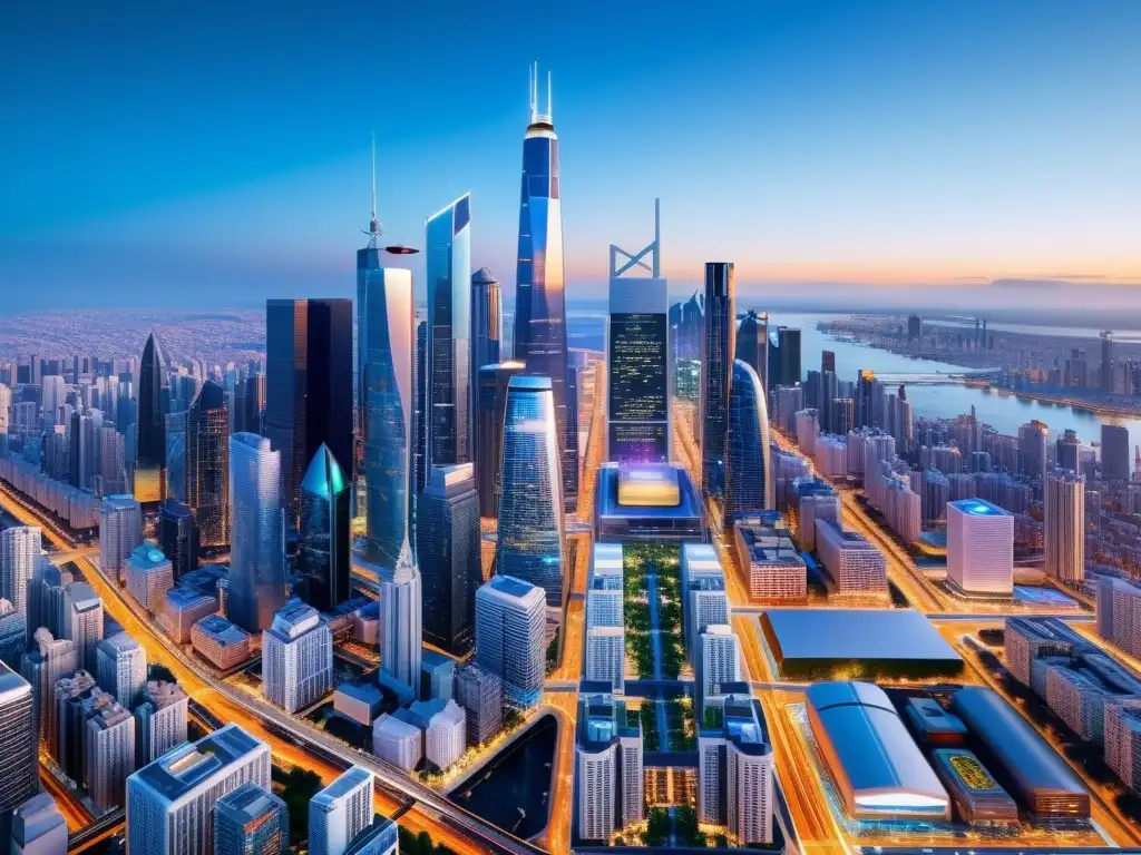 Futurista metrópolis: rascacielos interconectados y tecnología avanzada Vista impactante de una ciudad futurista con rascacielos interconectados y tecnología avanzada, evocando la singularidad tecnológica
