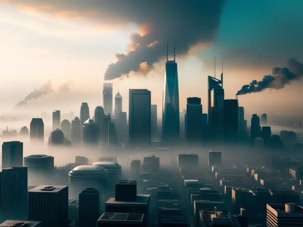 Vista impactante de una ciudad futurista envuelta en smog, mostrando el impacto ambiental del streaming en la atmósfera urbana