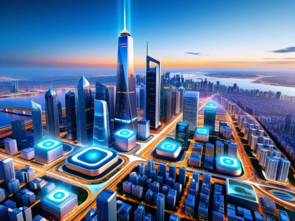 Smart City del Futuro: Impacto del IoT en Industrias Vista impactante de una ciudad inteligente con aplicaciones impactantes del IoT en transporte, energía y seguridad