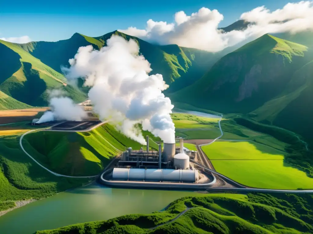 Vista impresionante de una central geotérmica en un valle verde, con vapor ascendente y montañas majestuosas