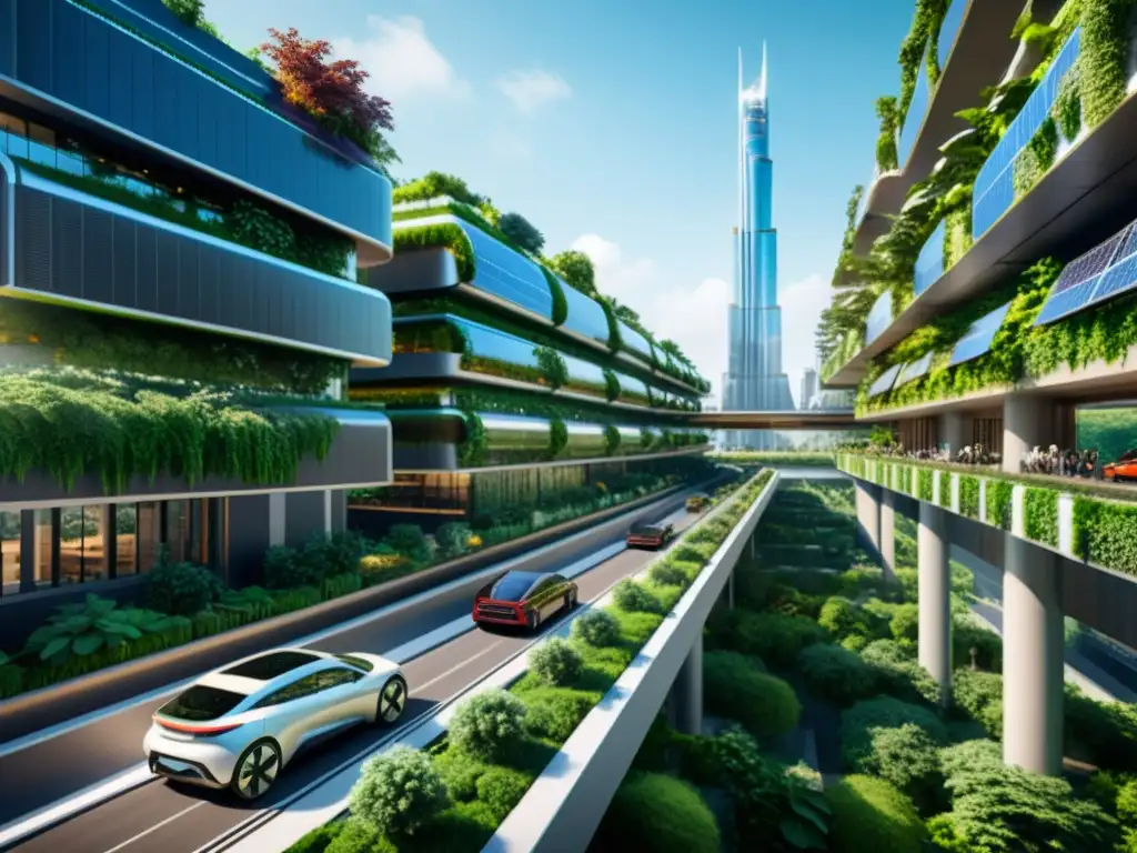 Vista impresionante de una ciudad futurista con tecnología avanzada y diseño urbano sostenible, integrando naturaleza