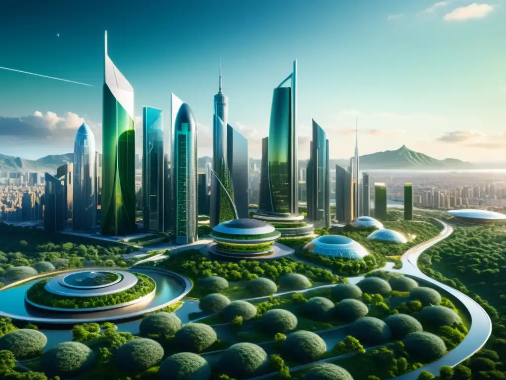 Vista impresionante de una ciudad futurista con NanoArquitectura sostenible para ciudades, edificios innovadores integrados con la naturaleza