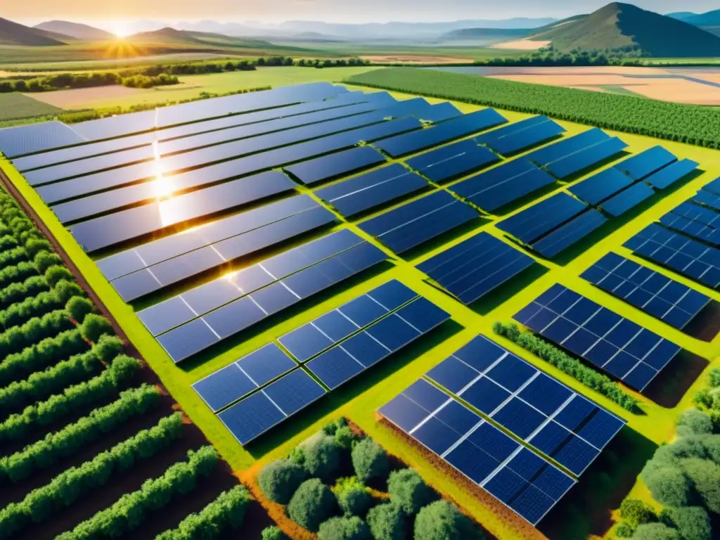 Vista impresionante de una granja solar futurista con paneles solares modernos en un patrón geométrico, optimización producción energía con IA