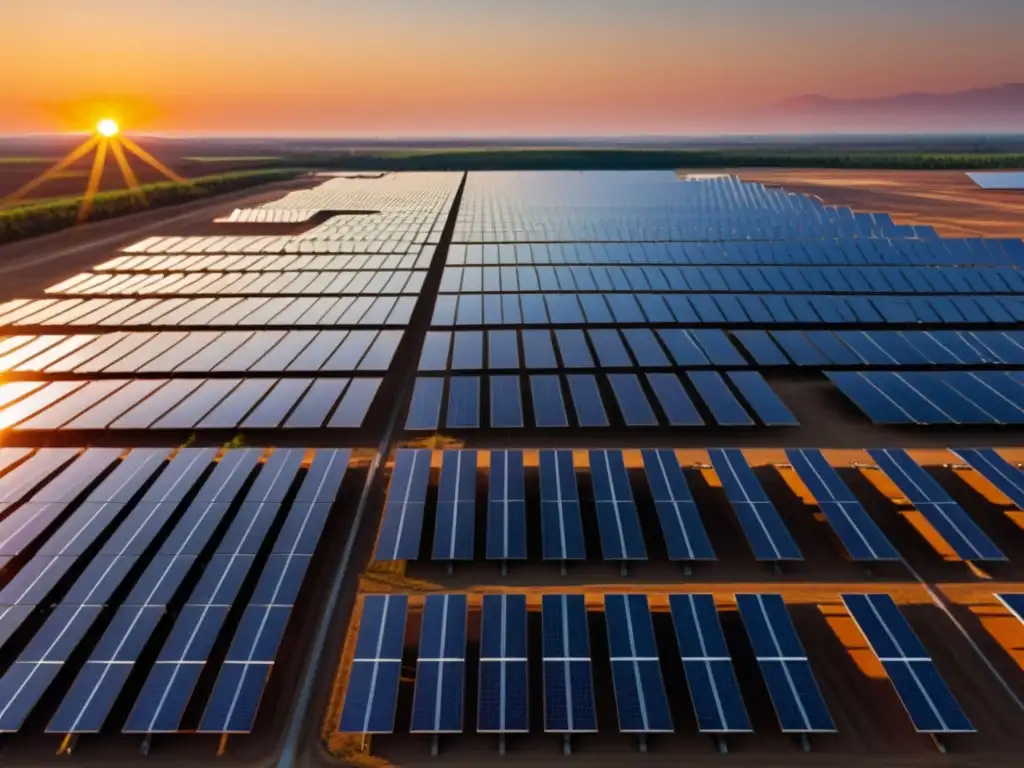 Vista impresionante de una granja solar al atardecer, con paneles solares que reflejan la luz dorada del sol poniente