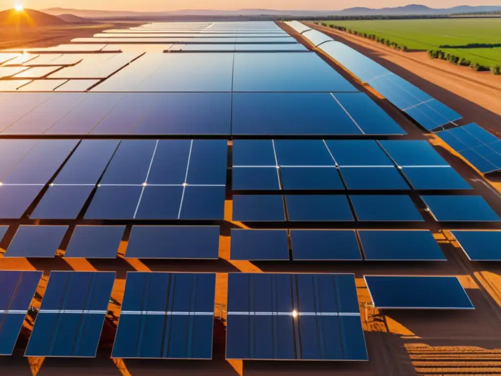 Vista impresionante de una granja solar al amanecer con paneles solares y colores vibrantes del cielo