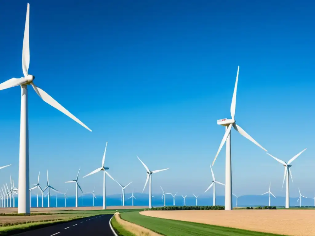 Vista impresionante de un parque eólico en un paisaje vasto y abierto, mostrando el rol de la energía eólica de forma impactante y futurista