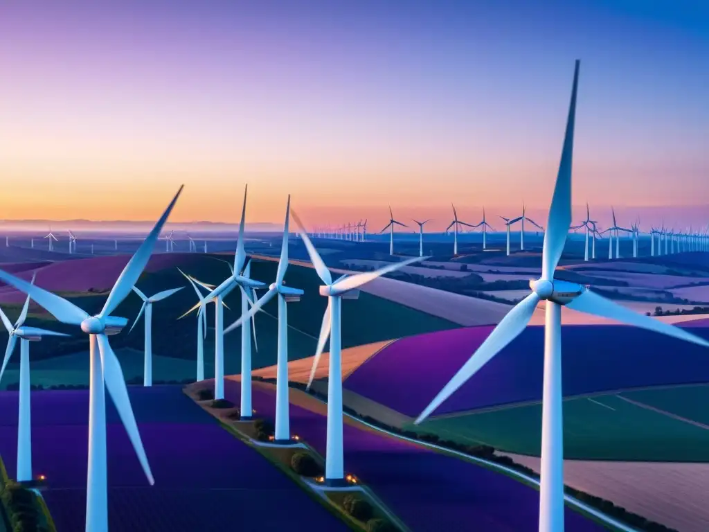 Vista impresionante de un parque eólico moderno al atardecer, con turbinas blancas en contraste con el cielo azul y morado