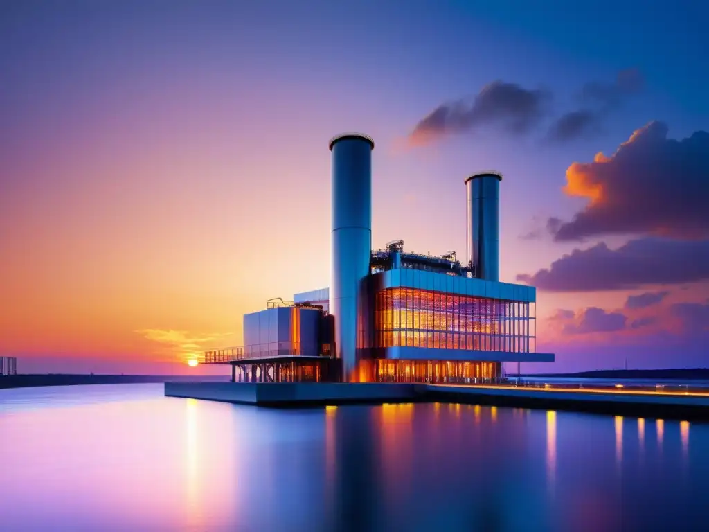 Vista impresionante de una planta de energía osmótica futurista en el mar al atardecer, mostrando innovación y sostenibilidad