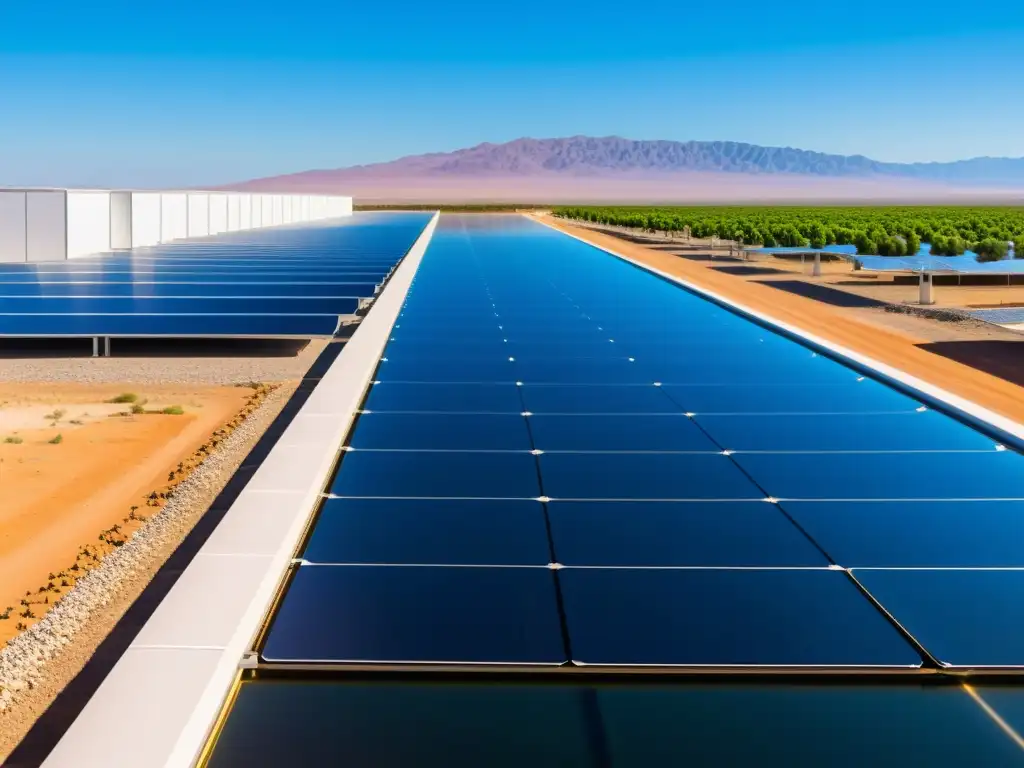 Vista impresionante de una planta de desalinización solar con paisaje desértico y agua desalinizada