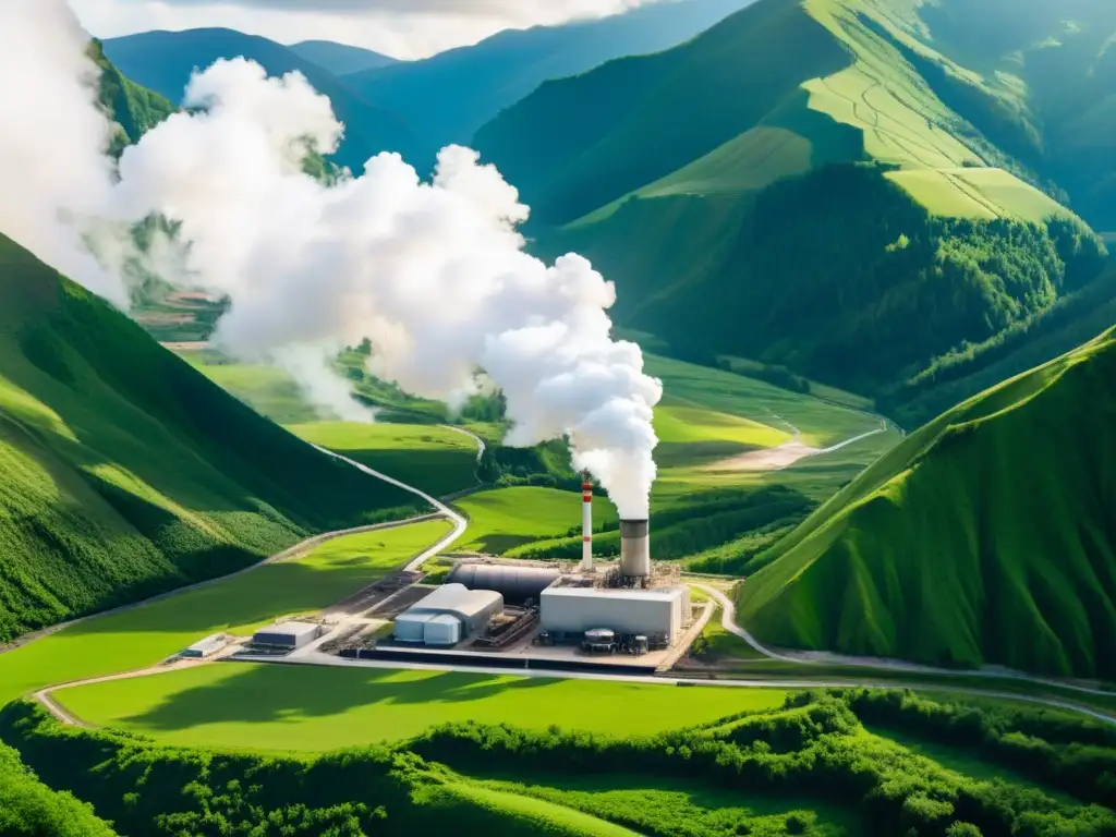 Vista impresionante de planta geotérmica en valle pintoresco, con vapor y montañas