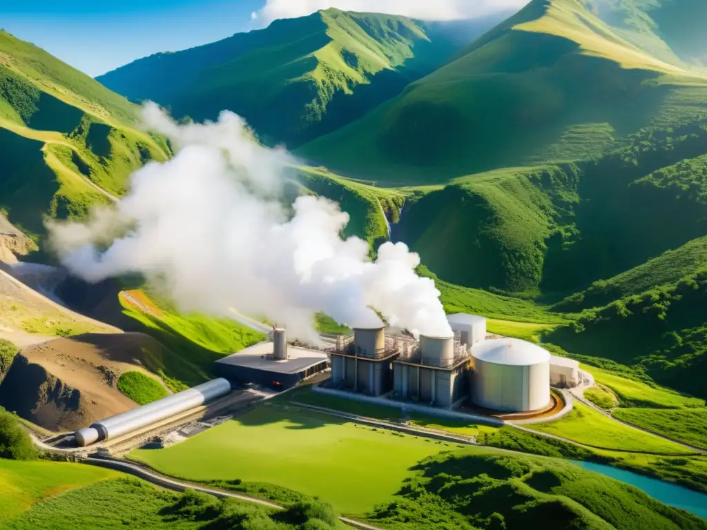 Vista impresionante de planta geotérmica en valle verde, simbolizando desarrollo sostenible energía geotérmica con la naturaleza