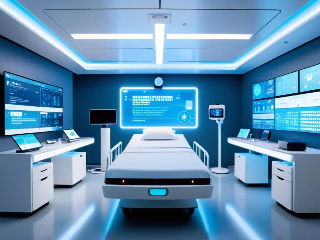 Vista interior de una sala de hospital futurista con dispositivos médicos IoT avanzados