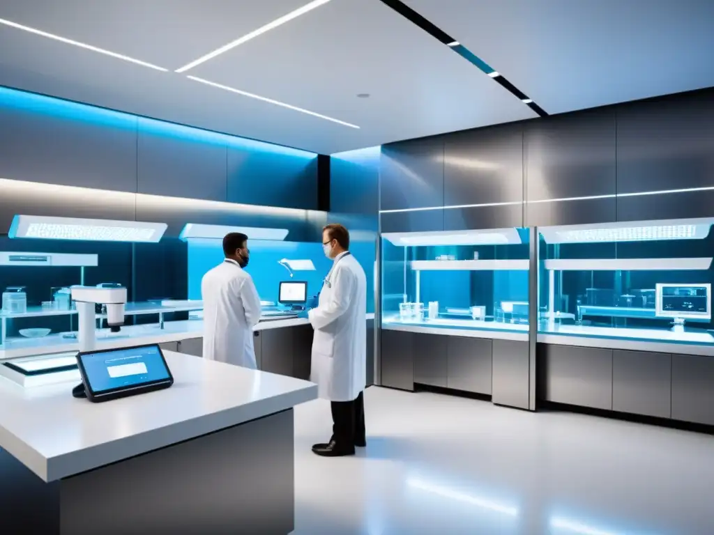 Vista de laboratorios de nanotecnología en medicina personalizada con investigadores y pacientes recibiendo tratamiento