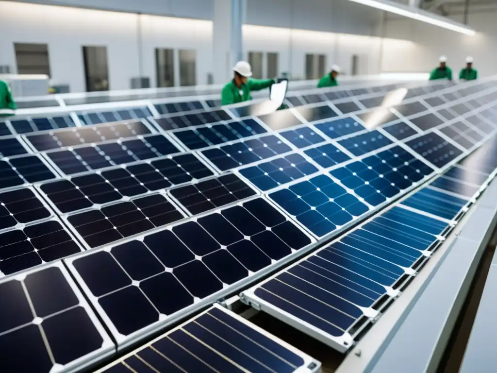 Vista de una moderna planta de fabricación de paneles solares, donde los trabajadores ensamblan cuidadosamente paneles solares bajo la luz natural