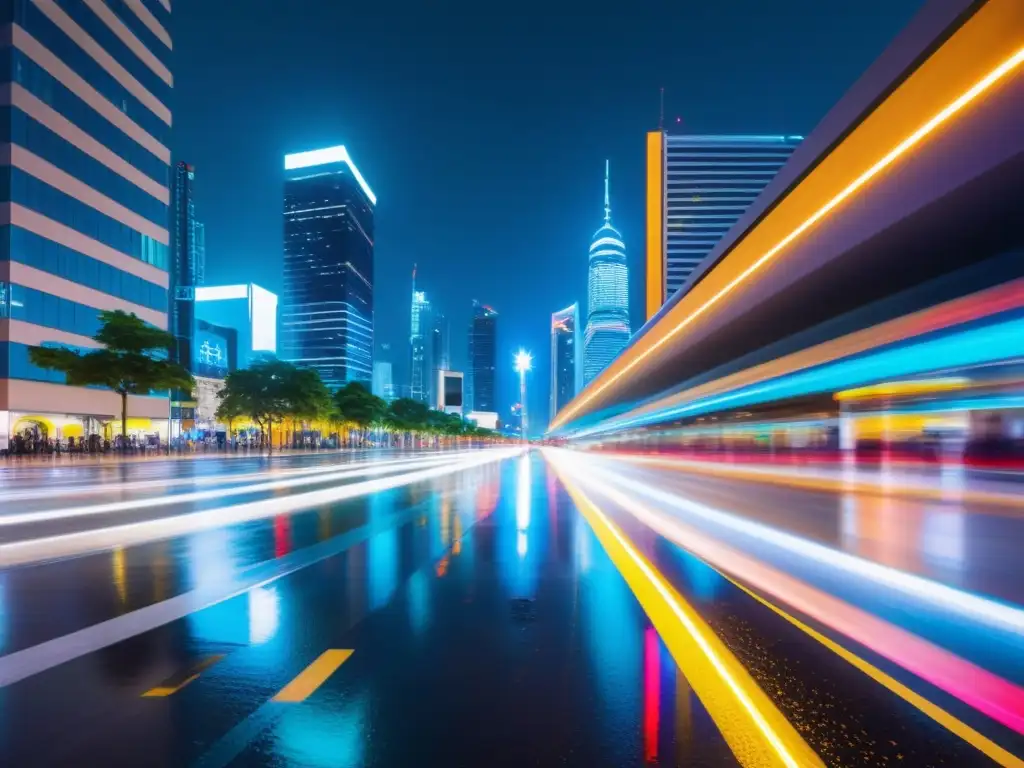 Vista nocturna de una bulliciosa calle de la ciudad, iluminada por rascacielos modernos y luces LED dinámicas