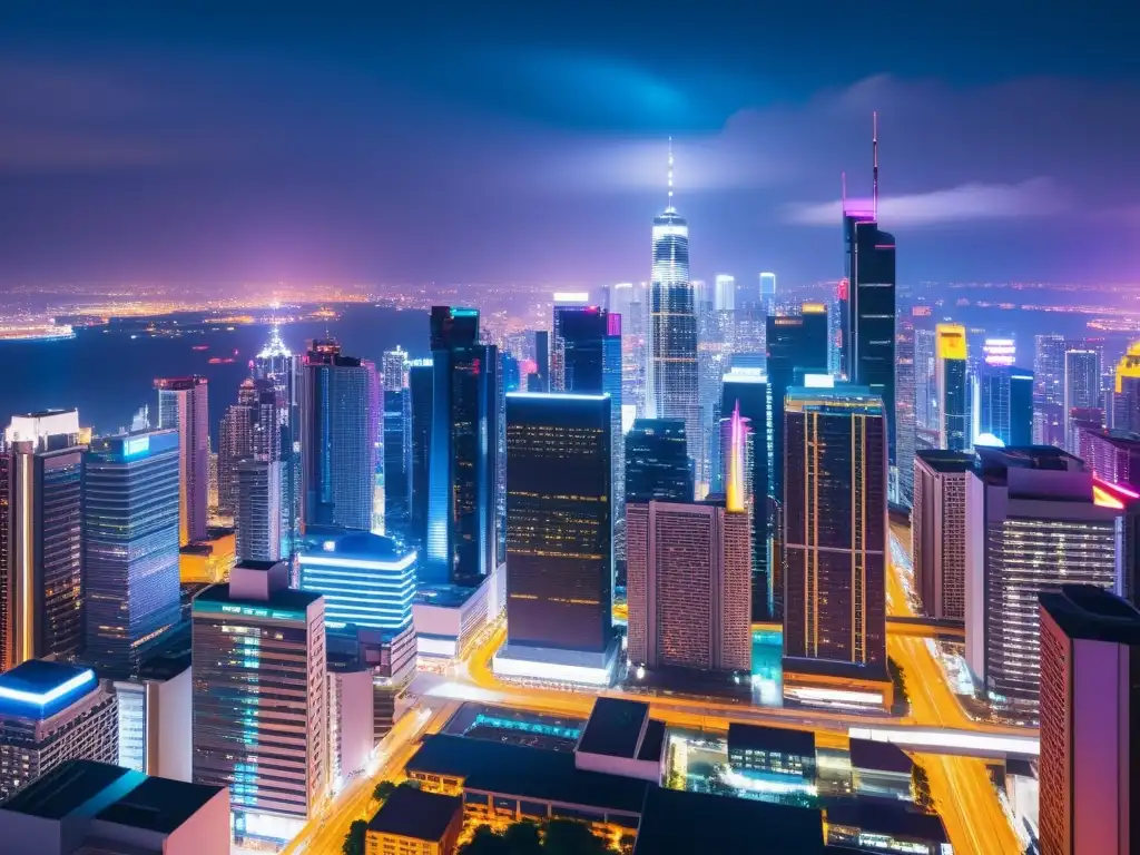 Vista nocturna de la bulliciosa ciudad, con rascacielos iluminados por luces de neón