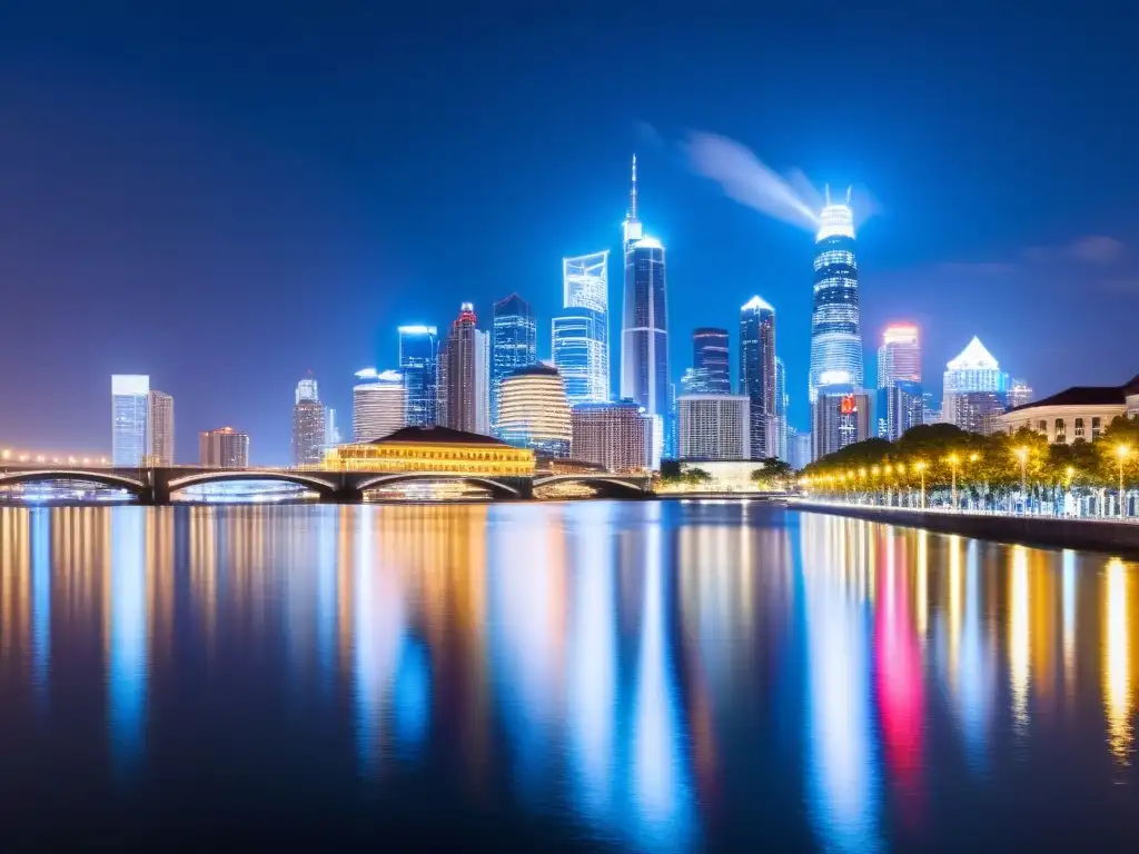 Vista nocturna de una bulliciosa metrópolis iluminada, reflejada en el agua, evocando energía y promesa económica en el contexto de acuerdos internacionales