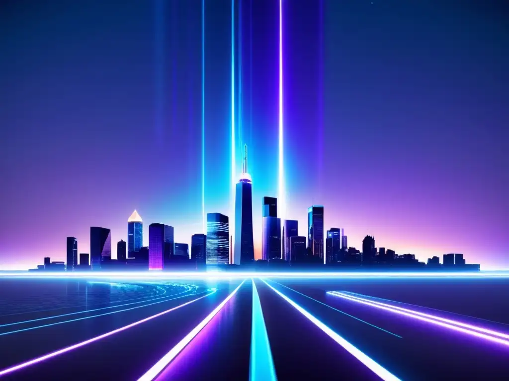 Metrópolis futurista iluminada en azul y púrpura Vista nocturna de la ciudad con arquitectura futurista iluminada en tonos azules y morados
