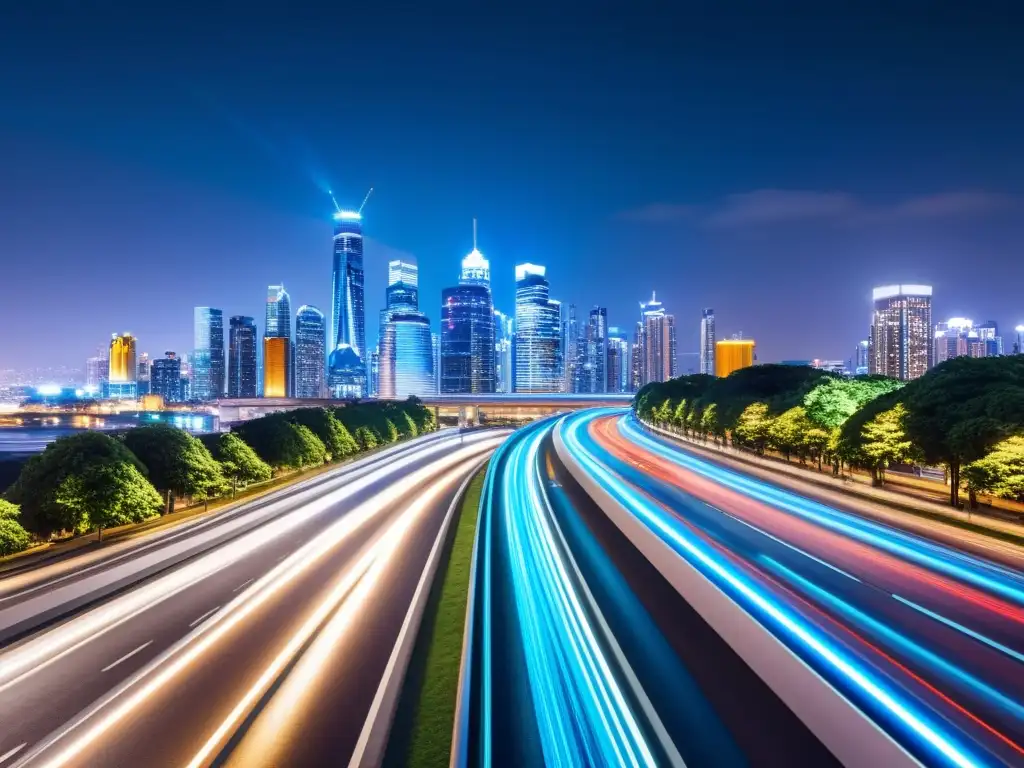 Vista nocturna de la ciudad con autos eléctricos, arquitectura futurista y luces energéticamente eficientes