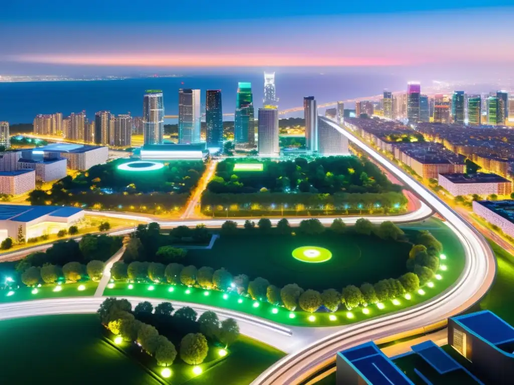 Vista nocturna de una ciudad bulliciosa con rascacielos modernos iluminados por luces LED