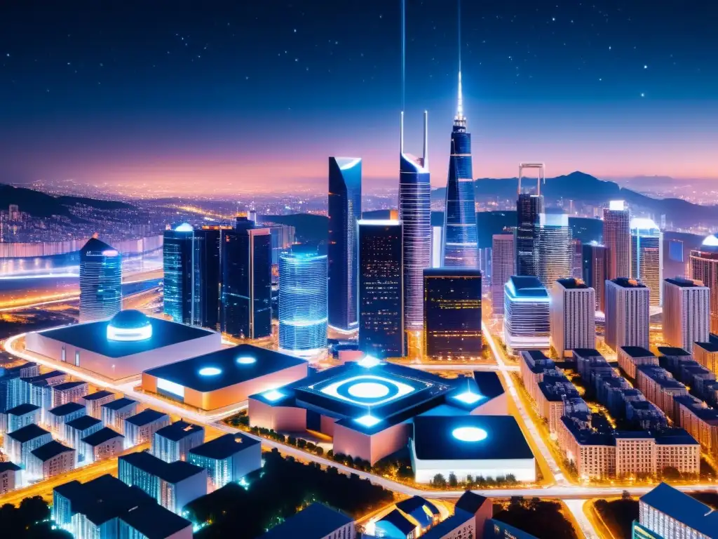 Vista nocturna de la ciudad con despliegue de 5G en infraestructura, integrando tecnología futurista en el paisaje urbano