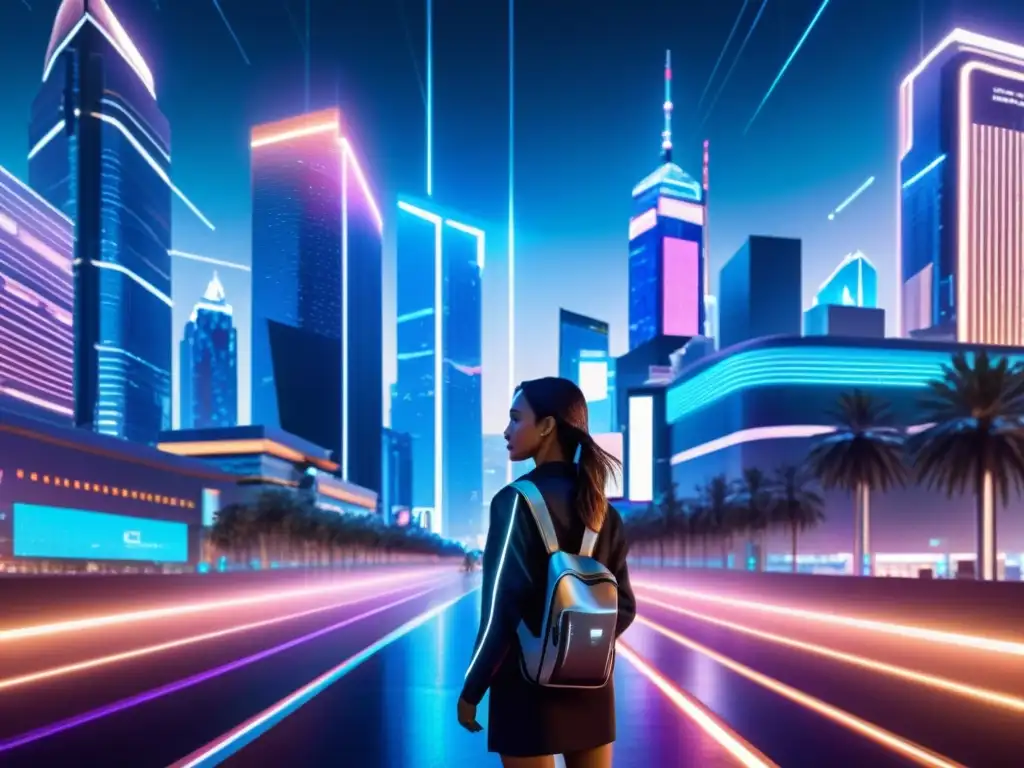 Vista nocturna de una ciudad digital futurista con rascacielos iluminados por luces de neón y anuncios holográficos