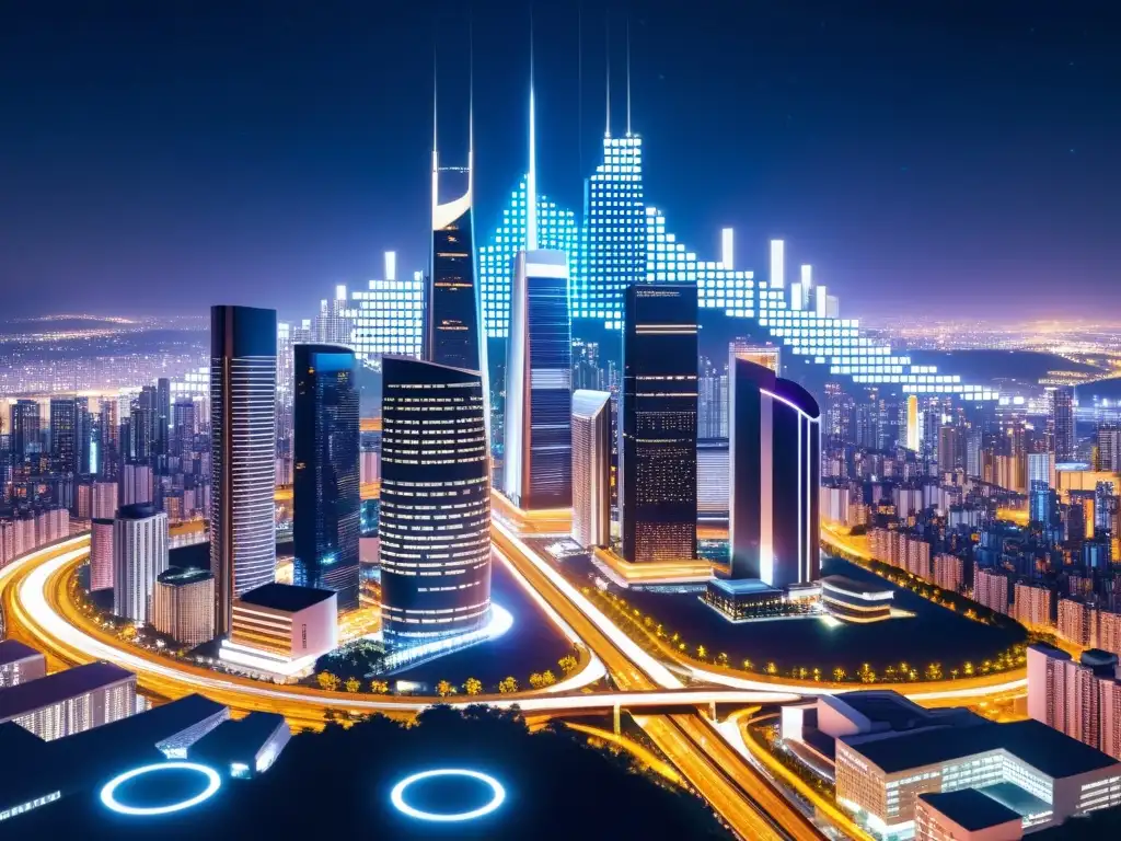 Metrópolis Futurista: Privacidad y Tecnología Vista nocturna de ciudad futurista con rascacielos iluminados y datos encriptados, reflejando la privacidad en tecnologías emergentes