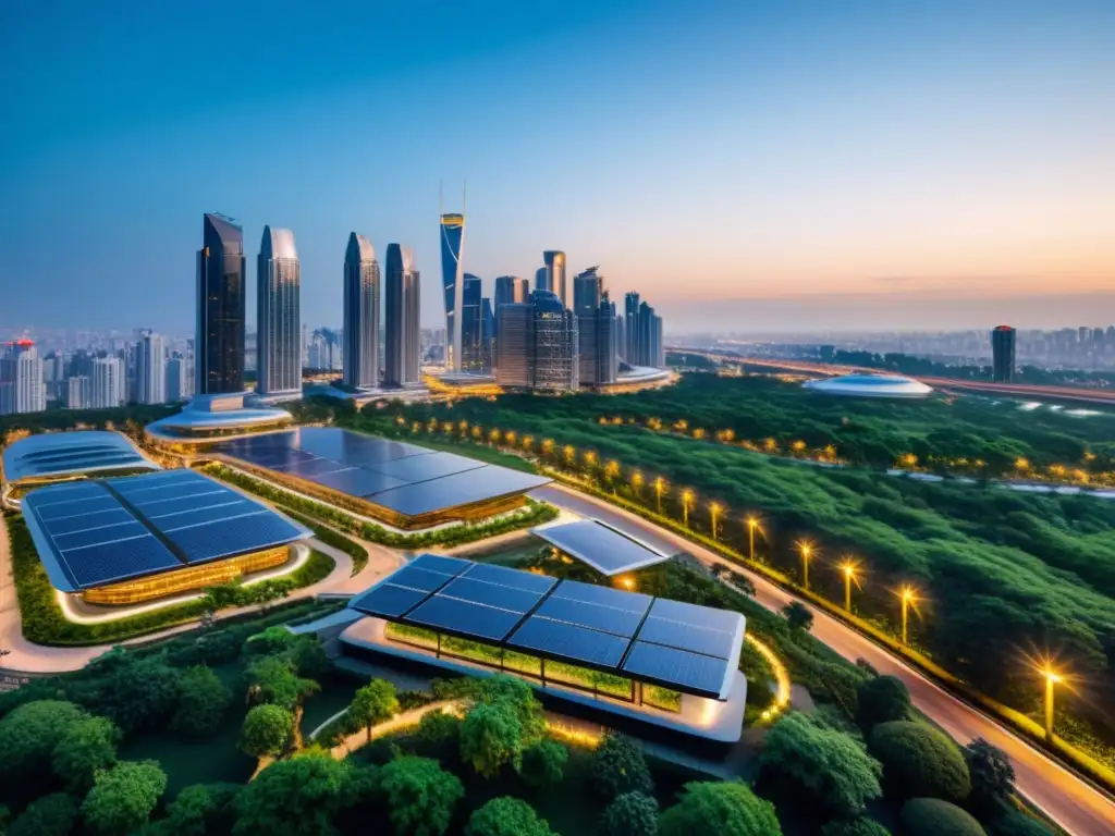 Vista nocturna de una ciudad futurista con edificios iluminados y un parque urbano sostenible, destacando la importancia de las ciudades inteligentes