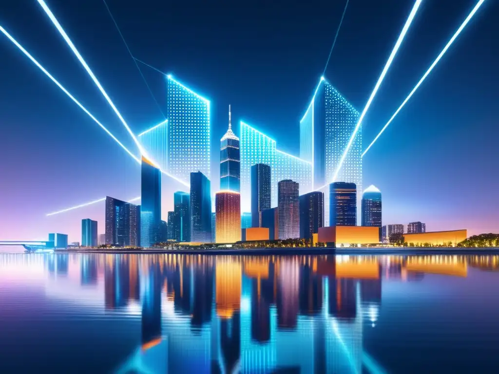 Skyline futurista con blockchain interconectado Vista nocturna de una ciudad futurista, con rascacielos iluminados y redes de blockchain