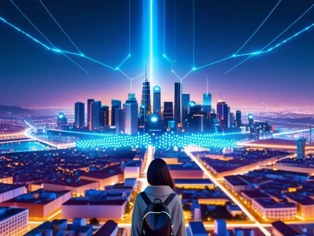 Skyline futurista: IoT y blockchain Vista nocturna de una ciudad futurista con nodos brillantes interconectados, representando dispositivos IoT con patrones de encriptación blockchain, demostrando la seguridad en IoT con Blockchain en la era digital