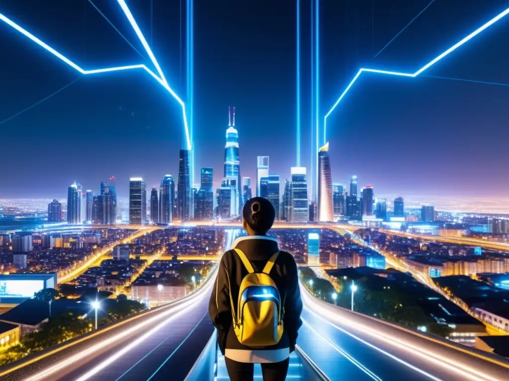 Vista nocturna de una ciudad futurista con rascacielos iluminados y una red de conexiones de datos brillantes, representando la seguridad IoT y Big Data en entornos urbanos modernos