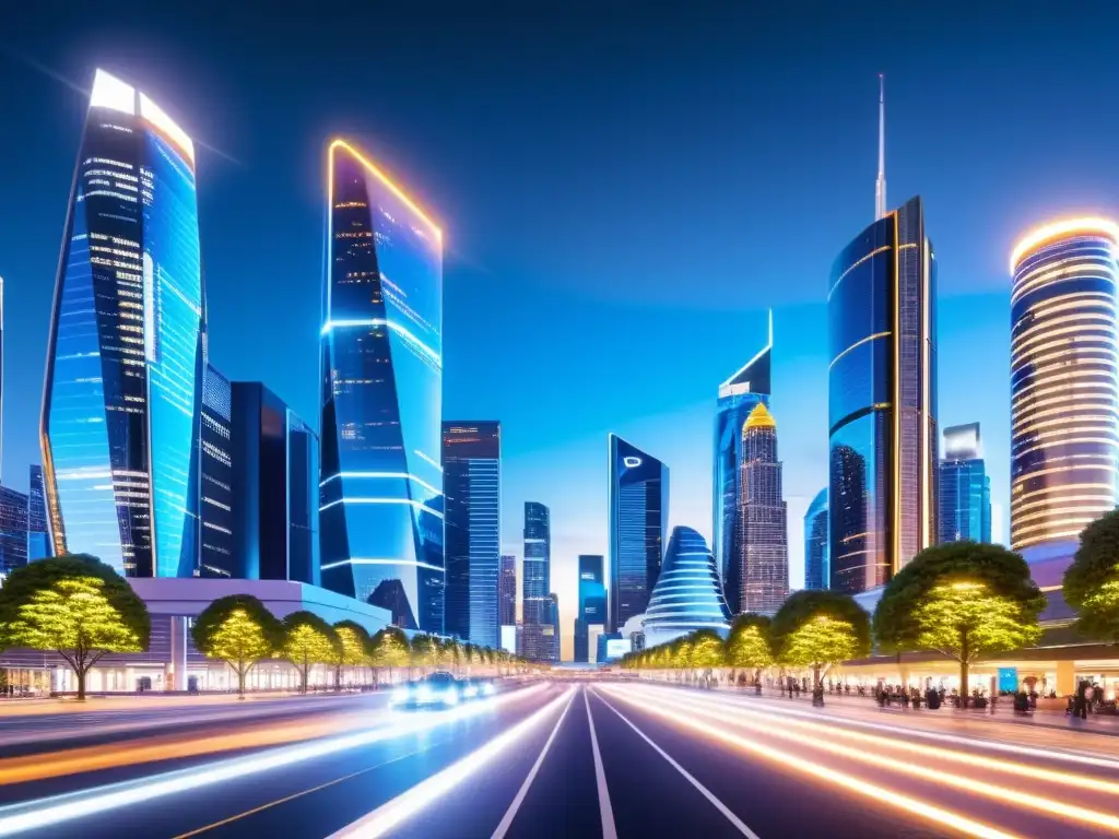 Vista nocturna de una ciudad futurista llena de tecnología, desafíos tecnologías emergentes Smart Cities