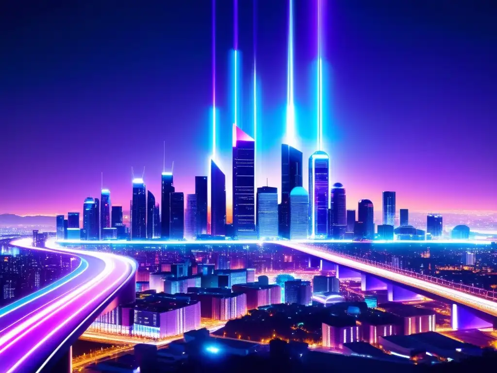 Vista nocturna de una ciudad futurista con torres 5G iluminadas en azul y morado, reflejando el avance de la carrera global tecnologías emergentes 5G