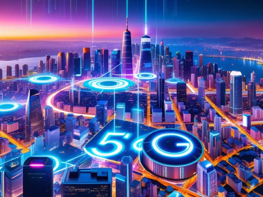 Vista nocturna de ciudad futurista con rascacielos iluminados y redes de datos, destacando la ciberseguridad en la Era del 5G