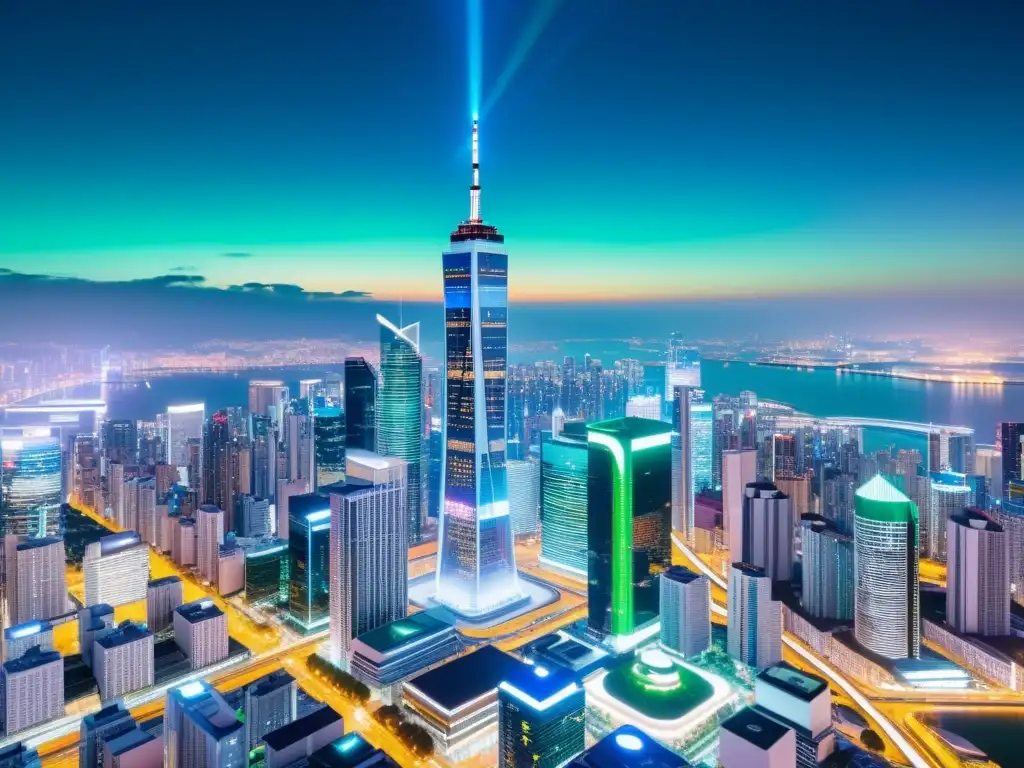 Vista nocturna de ciudad futurista con torre 5G iluminada en azul y verde