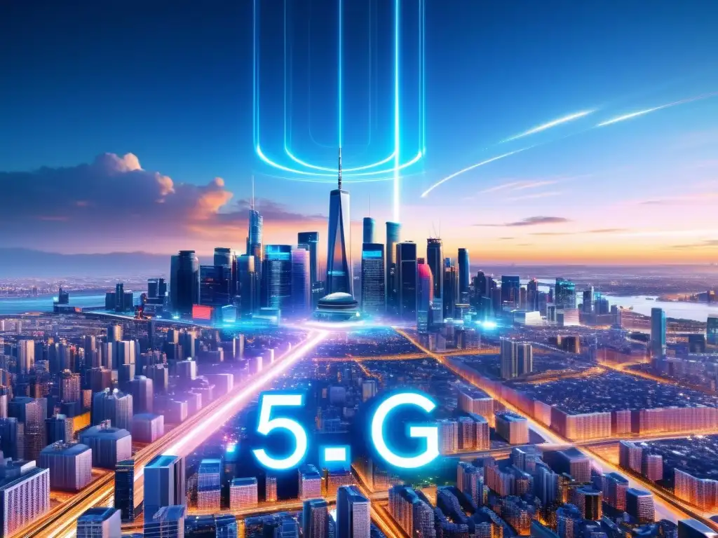 Vista nocturna de la ciudad futurista con señales de red 5G, destacando los beneficios del 5G en marketing