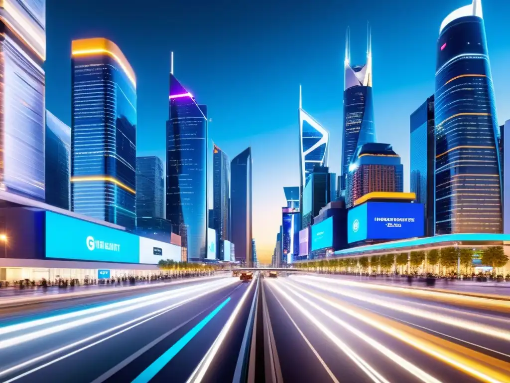 Metrópolis 5G: Futuro urbano lleno de energía Vista nocturna de una ciudad futurista 5G con tecnología digital y vehículos autónomos, mostrando los beneficios de la tecnología 5G