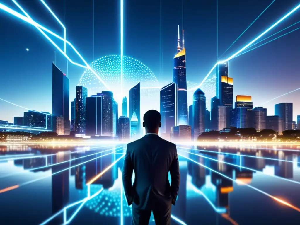 Metropolis futurista: impacto de la economía digital Vista nocturna de una ciudad futurista con rascacielos brillantes y una red de datos digitales, representando el impacto de las fugas de información en la economía moderna