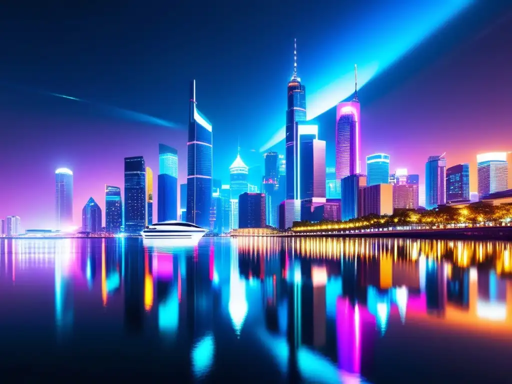 Metrópolis futurista: tecnología avanzada y conectividad del IoT Vista nocturna de la ciudad futurista con luces de neón, reflejándose en el agua