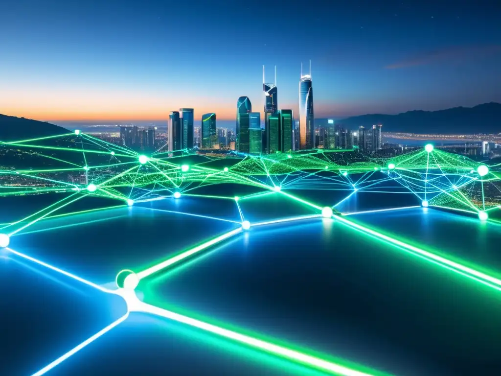 Vista nocturna de una ciudad futurista con luces azules y verdes, integrando la tecnología blockchain en su infraestructura