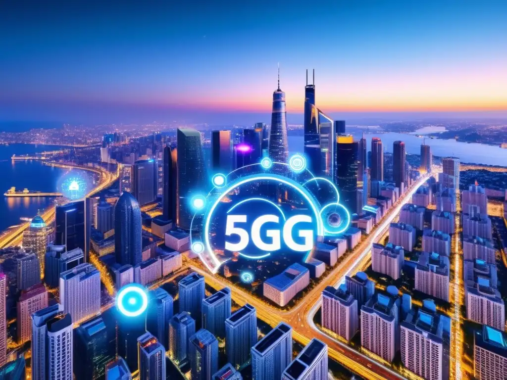 Vista nocturna de la ciudad iluminada por redes 5G, mostrando el impacto en desarrollo IoT