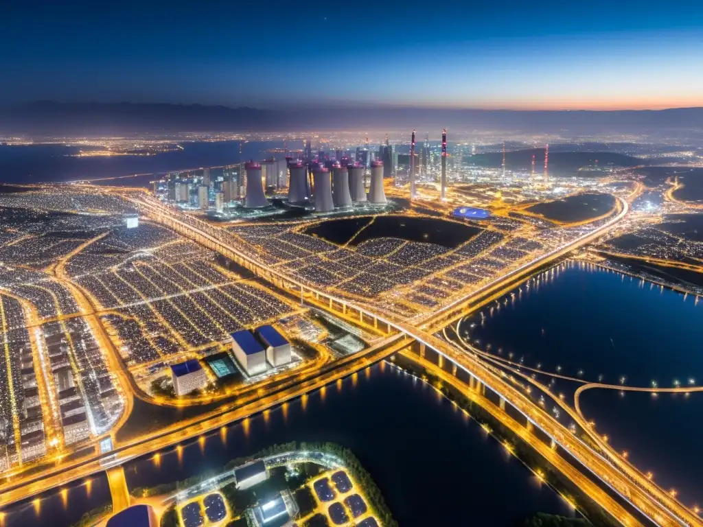 Una vista nocturna de una ciudad con luces brillantes en infraestructuras críticas, resaltando la complejidad tecnológica