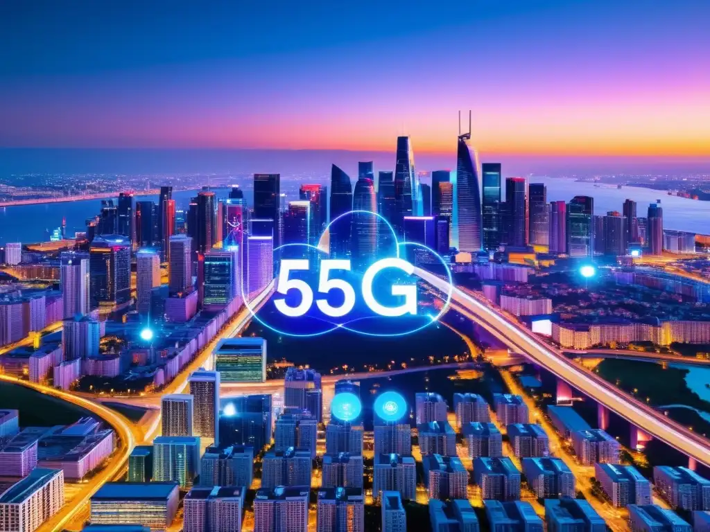 Vista nocturna de la ciudad con luces de redes 5G, impacto en desarrollo IoT